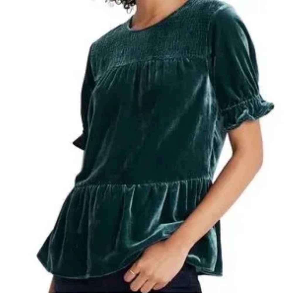 Madewell hunter green velvet smocked yoke tiered top womens size XS